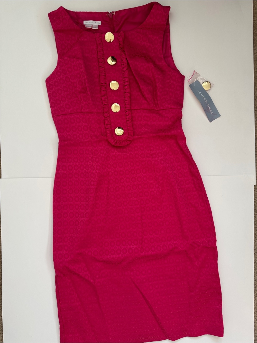 London Times Bright Pink Sleeveless Dress with Gold Buttons
